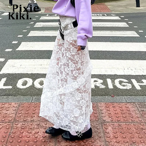 Load image into Gallery viewer, Transparent Jacquard Lace White Boho Maxi Skirt Low Waist Ruffle Long Skirt Summer Y2k Coquette Clothes P77-CI20
