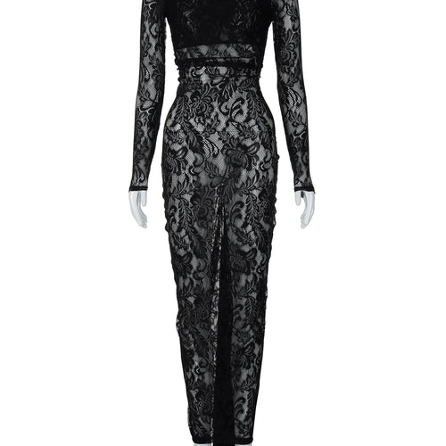Load image into Gallery viewer, Mesh Floral Print Long Sleeve Backless Sexy See Through Draped Sexy Maxi Dress Fall Women Fashion Y2K Outfit Party Club
