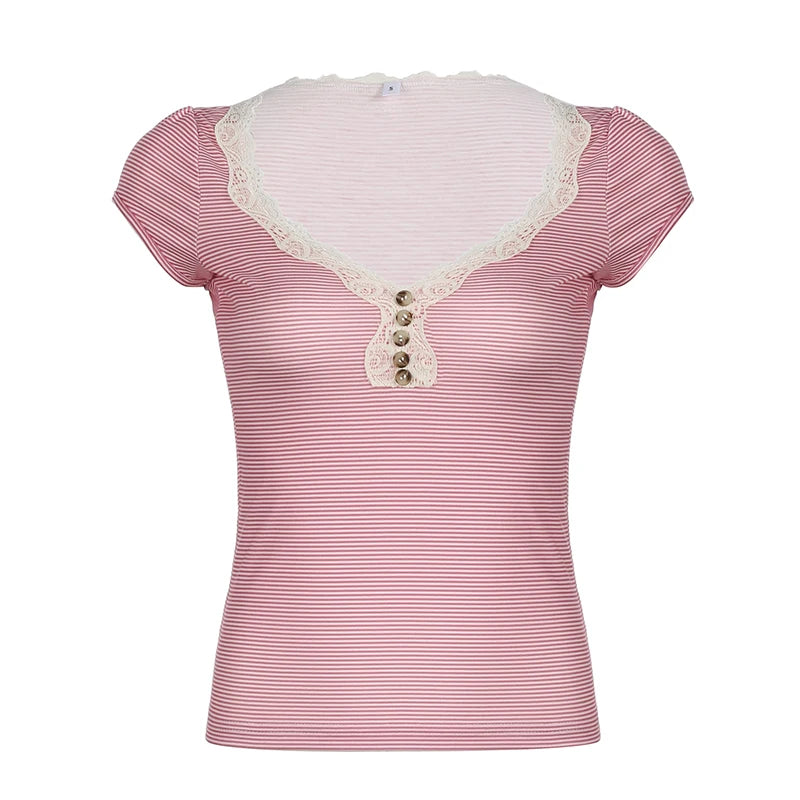 V Neck Slim Pink Stripe Summer T-shirts for Women Buttons Lace Trim Coquette Clothes Korean Fashion Girls Sweet Tops