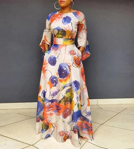 Summer Contrast Color Maxi Dresses for Women Three-quarter Sleeves Zipper with Pockets High Waisted Birthday Dress