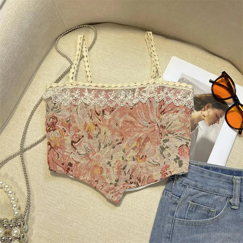 Load image into Gallery viewer, Retro Lace Painting Flower Print Tank Tops Summer Camisole Women's Elegant Slim Asymmetrical Short Slip Vest Sexy Club Y2k Boho
