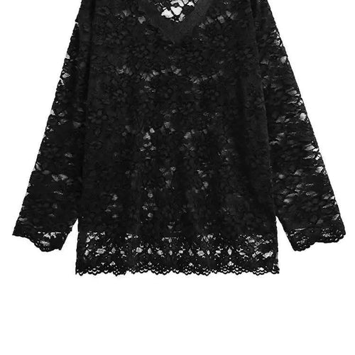 Load image into Gallery viewer, Women Black Lace Perspective Big Size Elegant T-shirt New V-Neck Long Sleeve Fashion Tide Spring Autumn 2025 1DH8612
