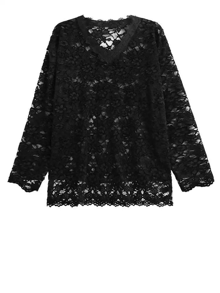 Women Black Lace Perspective Big Size Elegant T-shirt New V-Neck Long Sleeve Fashion Tide Spring Autumn 2025 1DH8612