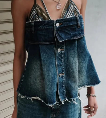 Hit Color Spliced Button Loose Vests For Women Halter Sleeveless Patchwork Flash Vest Female Fashion Style Clothes