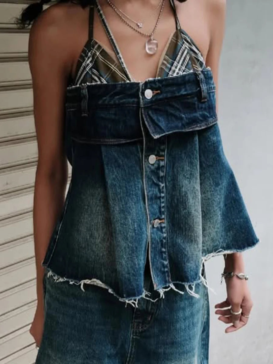 Hit Color Spliced Button Loose Vests For Women Halter Sleeveless Patchwork Flash Vest Female Fashion Style Clothes