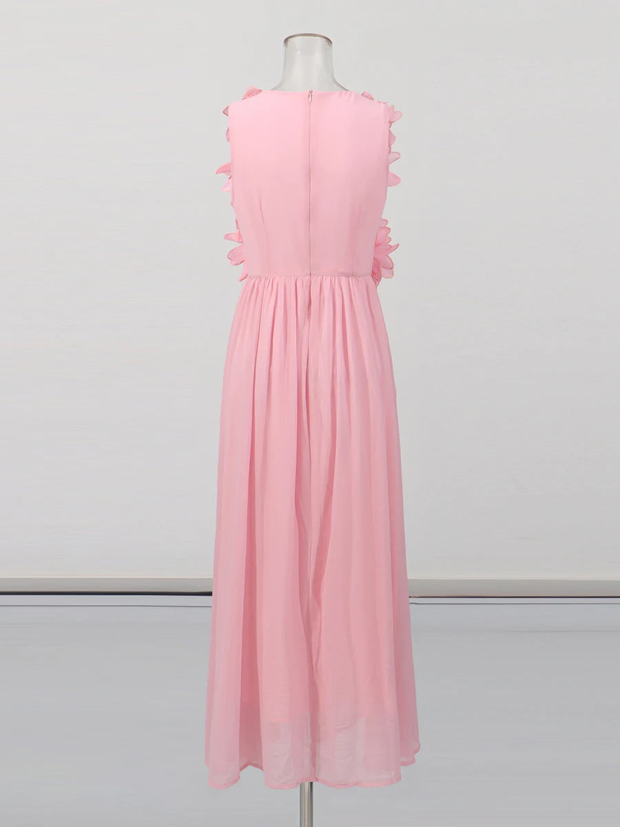 Solid Spliced 3D Flower Elegant Long Dresses for Women Round Neck Sleeveless High Waist Dress Female Clothing New