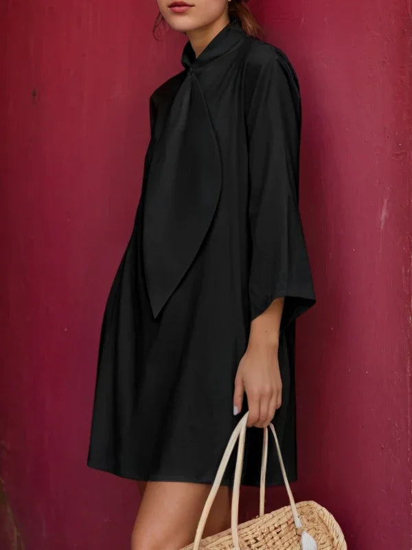 Summer Cotton Tie Neck Mini Dress for Women 2025 New Elegant Three-quarter Sleeves Simple Shirt Dresses Outfits Woman