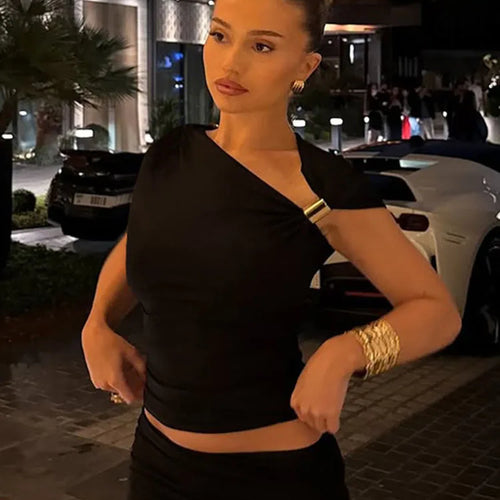 Load image into Gallery viewer, Skew Collar Short Sleeves Ruched Metal T-Shirt Women'S Solid Casual Elegant Y2K Tops Club Street Summer
