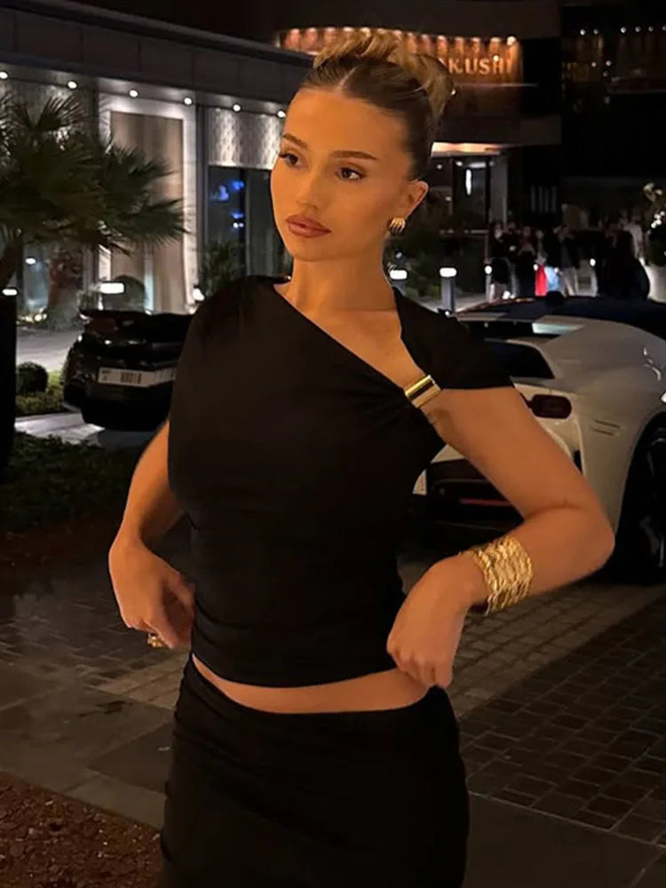 Skew Collar Short Sleeves Ruched Metal T-Shirt Women'S Solid Casual Elegant Y2K Tops Club Street Summer