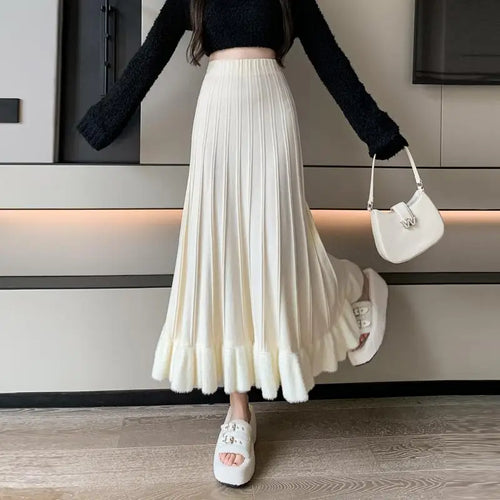Load image into Gallery viewer, Korean Fashion Women Patchwork Ruffle Edge Knitted Long Skirts 2024 Autumn Winter Vintage High Waist Party A-line Pleated Skirt
