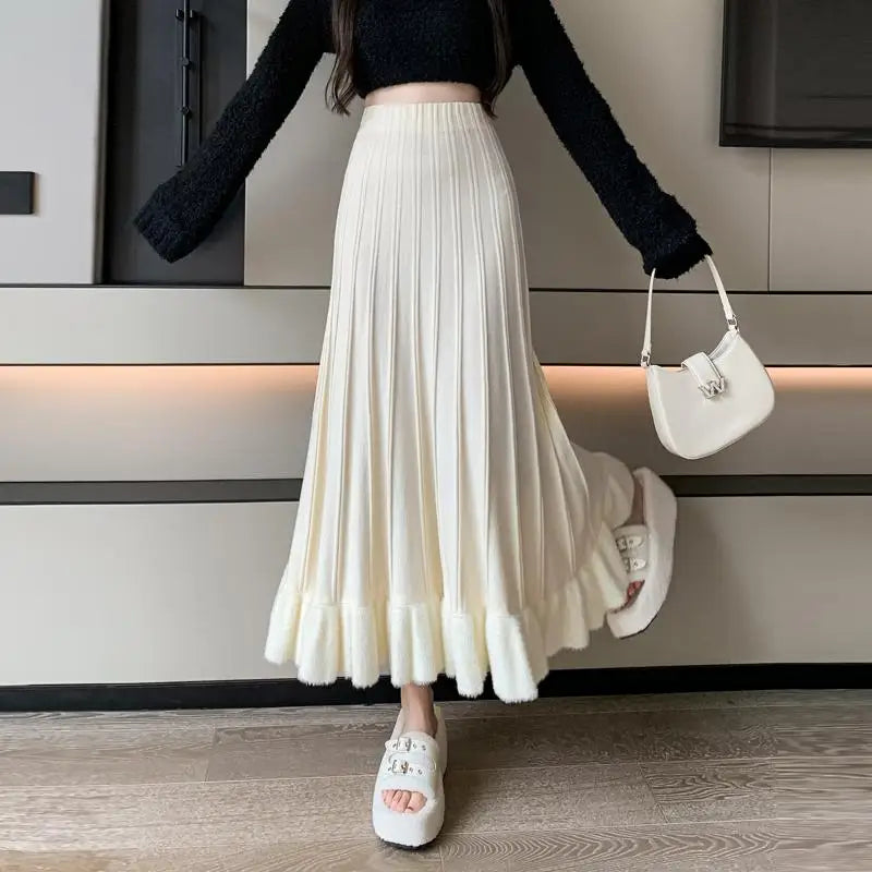 Korean Fashion Women Patchwork Ruffle Edge Knitted Long Skirts 2024 Autumn Winter Vintage High Waist Party A-line Pleated Skirt