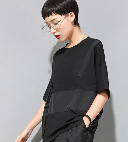Women Black Contrast Color Split Big Size T-shirt New Round Neck Half Sleeve  Fashion Tide  Spring Summer 2025 1U136