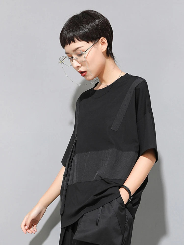 Women Black Contrast Color Split Big Size T-shirt New Round Neck Half Sleeve  Fashion Tide  Spring Summer 2025 1U136