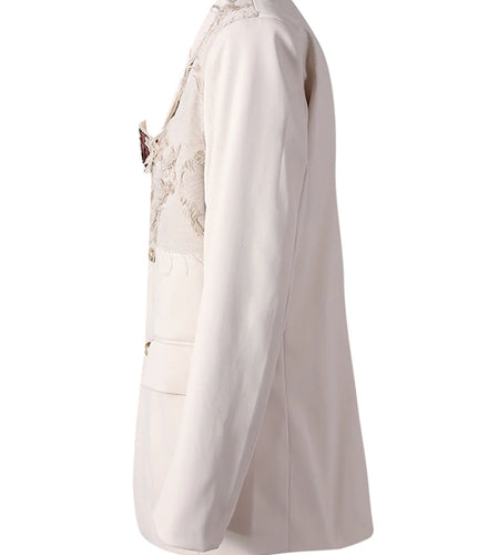 Women Beige Flower Lace Vintage Big Size Blazer New Lapel Long Sleeve Jacket Fashion Tide Spring Autumn 2025 CPG2871