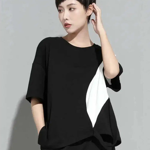 Load image into Gallery viewer, Women White Color-block Irregular Big Size T-shirt New Round Neck Half Sleeve Fashion Tide Spring Summer 2025 1DE8661
