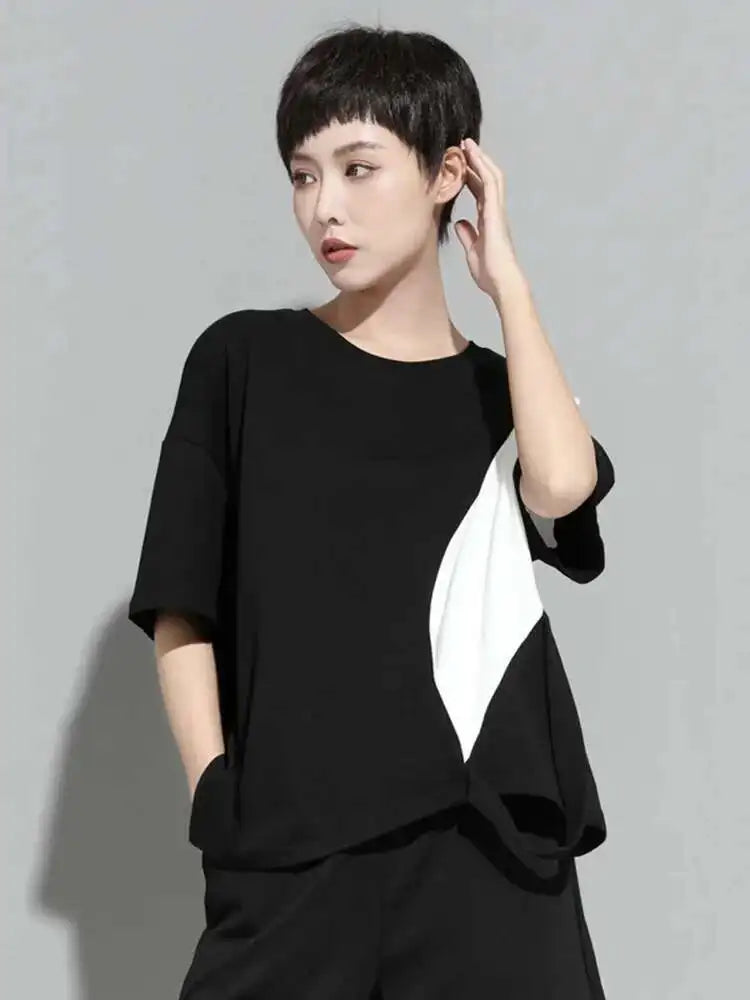 Women White Color-block Irregular Big Size T-shirt New Round Neck Half Sleeve Fashion Tide Spring Summer 2025 1DE8661