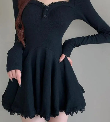 Vintage Black Lace Sexy Club Party Pleated Dress For Women 2023 Gray V Neck Long Sleeve Botton Wrapped Hip Mini Dress New Autumn