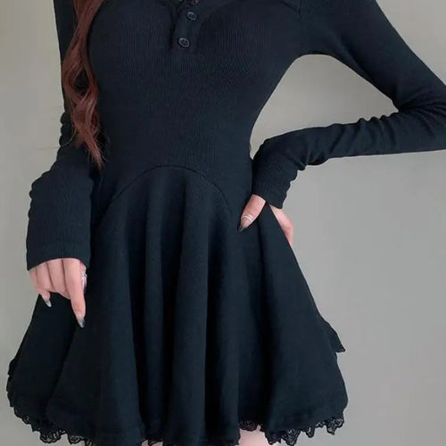 Load image into Gallery viewer, Vintage Black Lace Sexy Club Party Pleated Dress For Women 2023 Gray V Neck Long Sleeve Botton Wrapped Hip Mini Dress New Autumn
