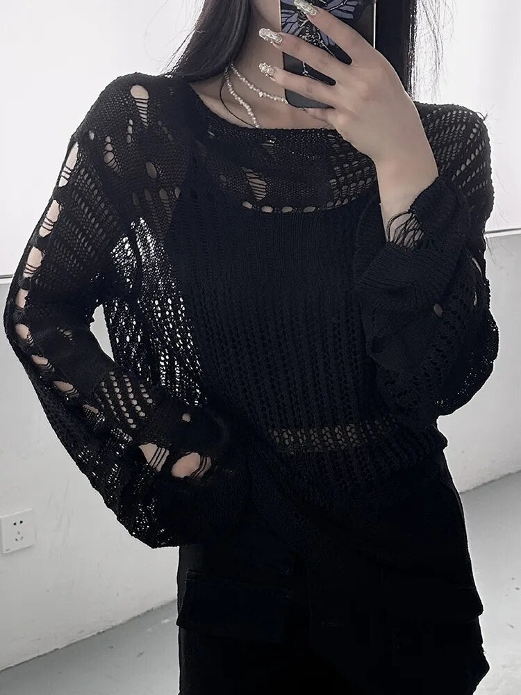 Hollow Out Knitting Sweaters For Women Round Neck Long Sleeve Casual Solid Loose Pullover Sweater Female Fashion