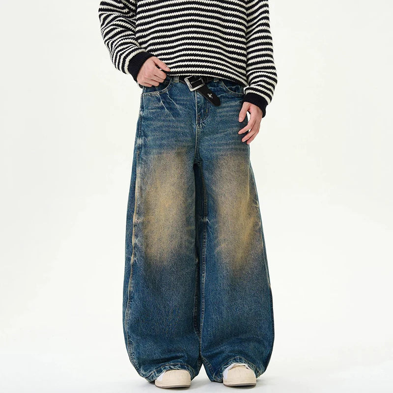 Men's Jeans American Fashion Nostalgic Washed Mud Dyed Curved Knife Denim Pants Summer New Male Bottoms High Street 9W1460