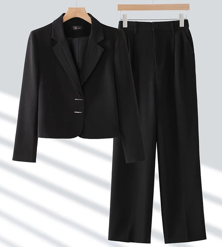 Women Solid Two Pieces Set 2024 Korean Formal Office Temperament Short Blazer Top And High Waist Wide Legs Pleated Trousers Suit