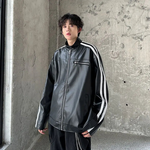 Load image into Gallery viewer, Niche Design Stand Collar Men&#39;s PU Leather Jacket Stripe Contrast Color Pockets Casual Male Jackets 2024 Autumn 9C9025
