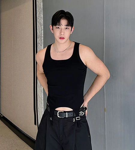 Personality Men's Wear Slim Vest Round Neck Irregular Hem Metal Buckle Tank Top Summer Stylish Male Sleeveless Top 5937