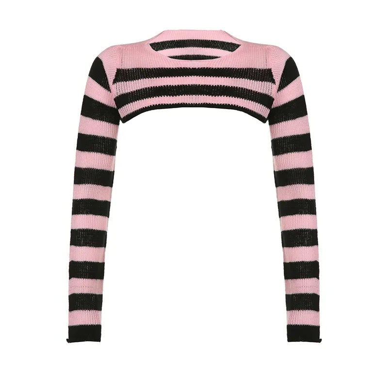 Harajuku Retro Short Knitted Sweater Smock Top Long Sleeve Pink Stripe Korean Style Pullover Autumn Coquette Clothing