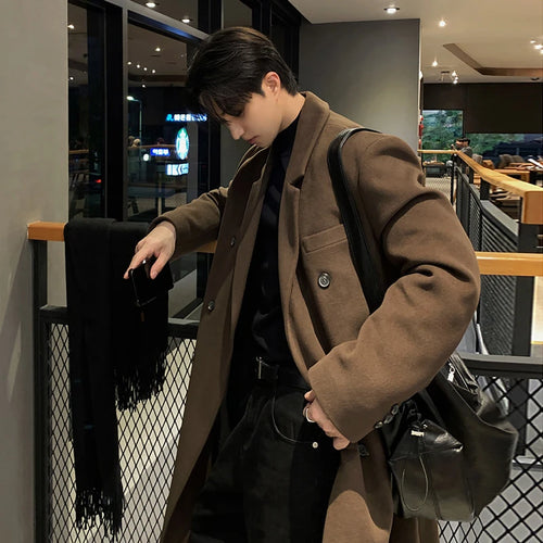 Load image into Gallery viewer, Winter Thickened Men&#39;s Woolen Overcoast Double Breasted Knee Length Lapel Solid Color Casual Male Trench Fashion 9C8874
