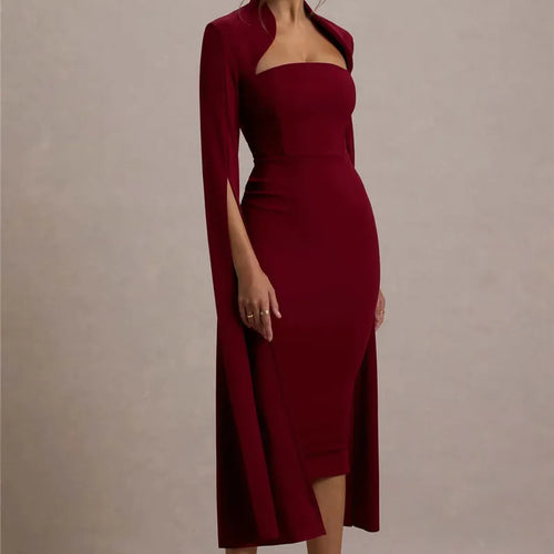 Load image into Gallery viewer, Cape Long Sleeve Sexy Midi Dress For Women Autumn Winter New Square Collar Back Slit Bodycon Club Party Long Dress
