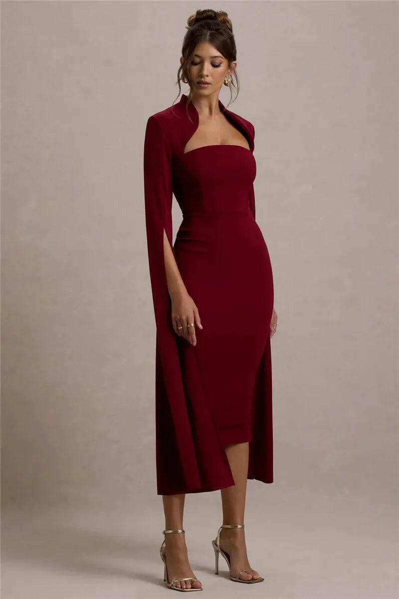 Cape Long Sleeve Sexy Midi Dress For Women Autumn Winter New Square Collar Back Slit Bodycon Club Party Long Dress