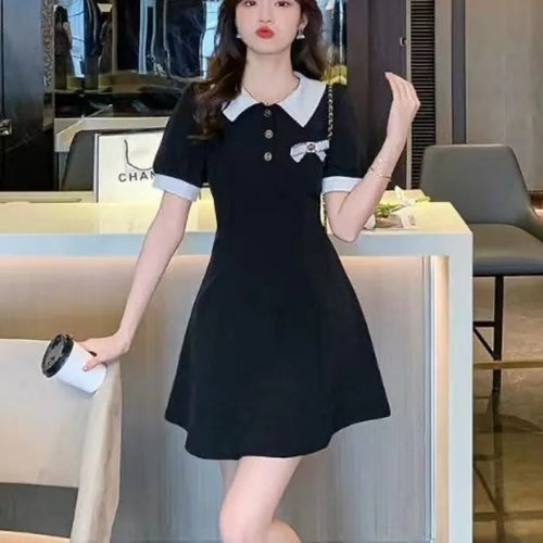 Load image into Gallery viewer, School Black Dress Soft Girls Sweet Preppy Style Student Polo Collar Kawaii Mini Short Dresses Autumn Korean Fashion
