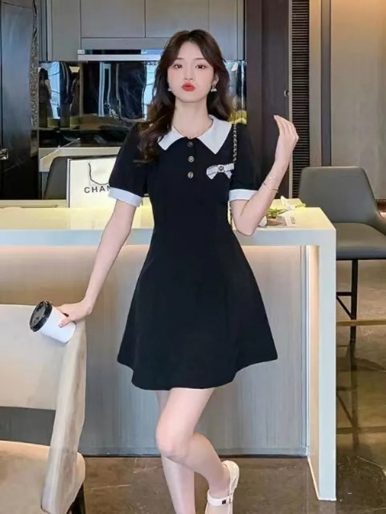 School Black Dress Soft Girls Sweet Preppy Style Student Polo Collar Kawaii Mini Short Dresses Autumn Korean Fashion