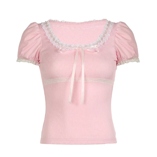 Load image into Gallery viewer, Korean Pink Cute Coquette Sweet Summer T-shirts Women Bow Lace Patched Slim Cropped Top Girls Cutecore Tees Clothing
