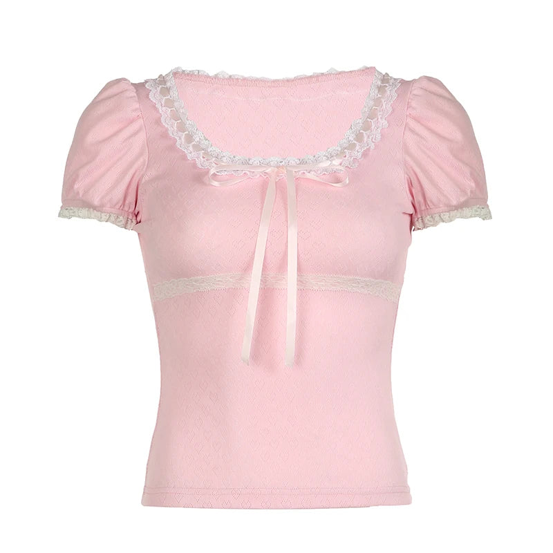 Korean Pink Cute Coquette Sweet Summer T-shirts Women Bow Lace Patched Slim Cropped Top Girls Cutecore Tees Clothing