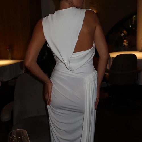 Load image into Gallery viewer, Hollow Out Draped Ruched Sexy Maxi Dress Women Gown Elegant Sleeveless Backless Thigh High Split Long Dress Clubwear
