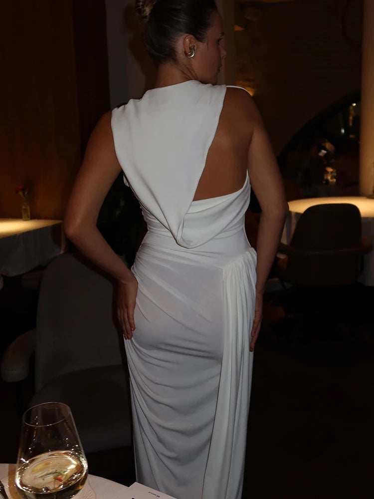 Hollow Out Draped Ruched Sexy Maxi Dress Women Gown Elegant Sleeveless Backless Thigh High Split Long Dress Clubwear