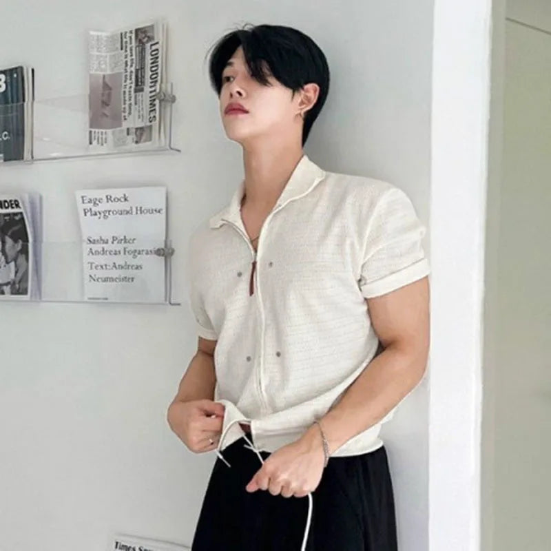 Men's Shirts Short Sleeve Shirt New Summer Loose Solid Color Design Korean Turn-down Collar Niche Trendy Male Top 9W1624
