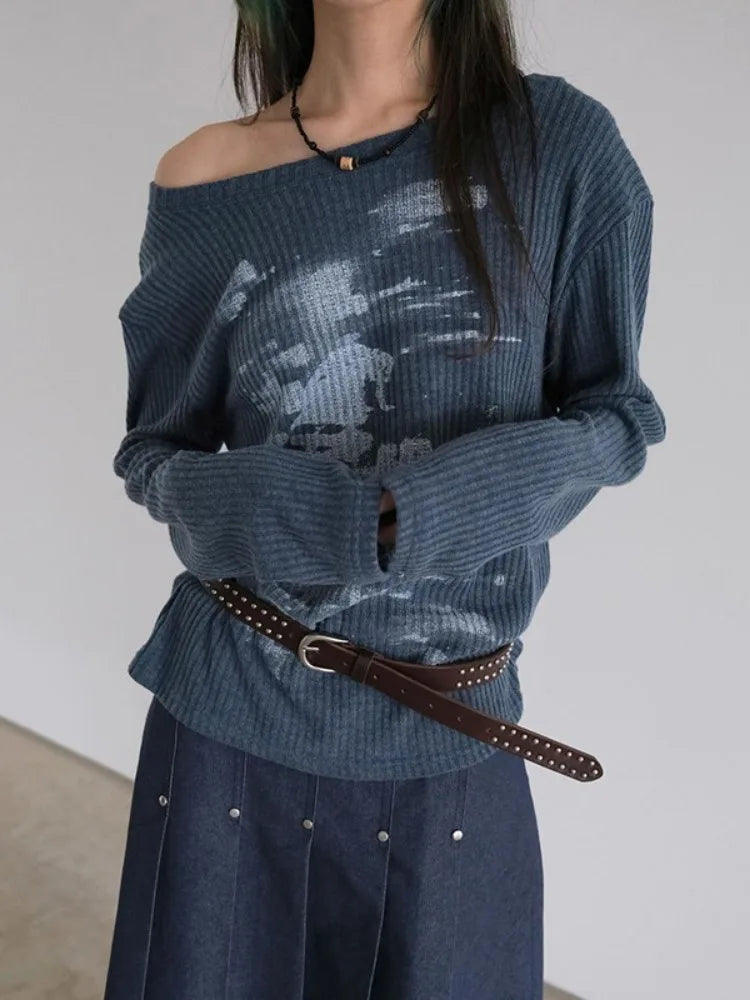 Autumn Harajuku Women Printing Tees Vintage Streetwear Grunge Skew Collar Tops Y2k Aesthetic Loose Casual Hiphop Vintage Tops