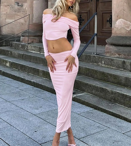 Women Casual Outfit Solid Long Sleeve Sexy Slim Crop T-Shirt Maxi Skirt Autumn Y2K Clothes Streetwear Festival