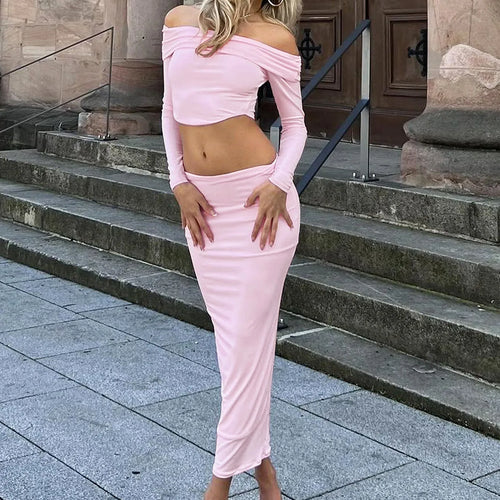 Load image into Gallery viewer, Women Casual Outfit Solid Long Sleeve Sexy Slim Crop T-Shirt Maxi Skirt Autumn Y2K Clothes Streetwear Festival
