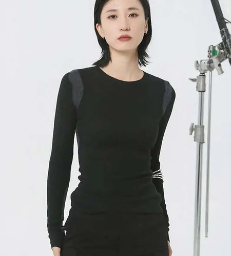 Black Slim Color-block Knitting Sweater Round Neck Long Sleeve Women Pullovers New Fashion Tide Spring Autumn 2025 1DH2082