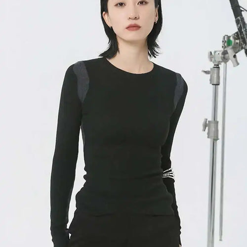 Load image into Gallery viewer, Black Slim Color-block Knitting Sweater Round Neck Long Sleeve Women Pullovers New Fashion Tide Spring Autumn 2025 1DH2082
