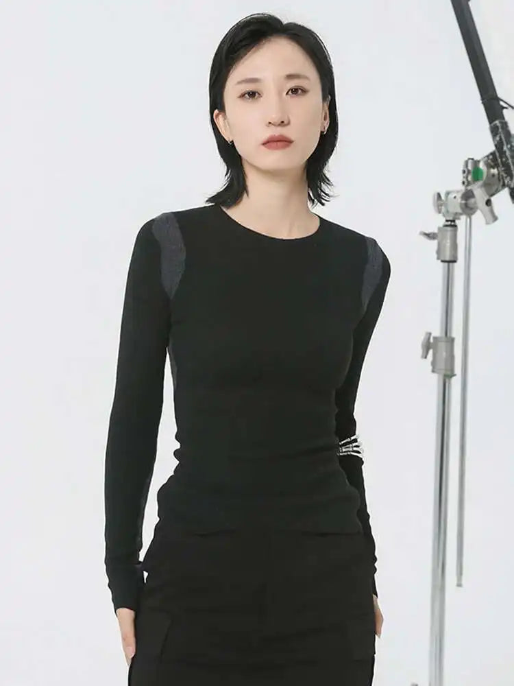 Black Slim Color-block Knitting Sweater Round Neck Long Sleeve Women Pullovers New Fashion Tide Spring Autumn 2025 1DH2082