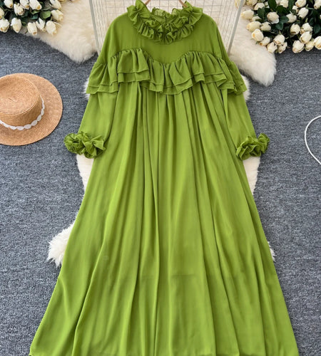 French 2024 Autumn New Solid Elegant Ruffle Edge Neck Long Sleeves Dress Women Vintage Loose Vacation Pleated Dress Popular Chic