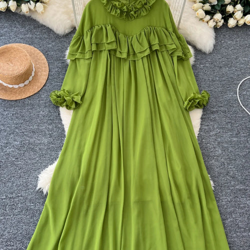 Load image into Gallery viewer, French 2024 Autumn New Solid Elegant Ruffle Edge Neck Long Sleeves Dress Women Vintage Loose Vacation Pleated Dress Popular Chic
