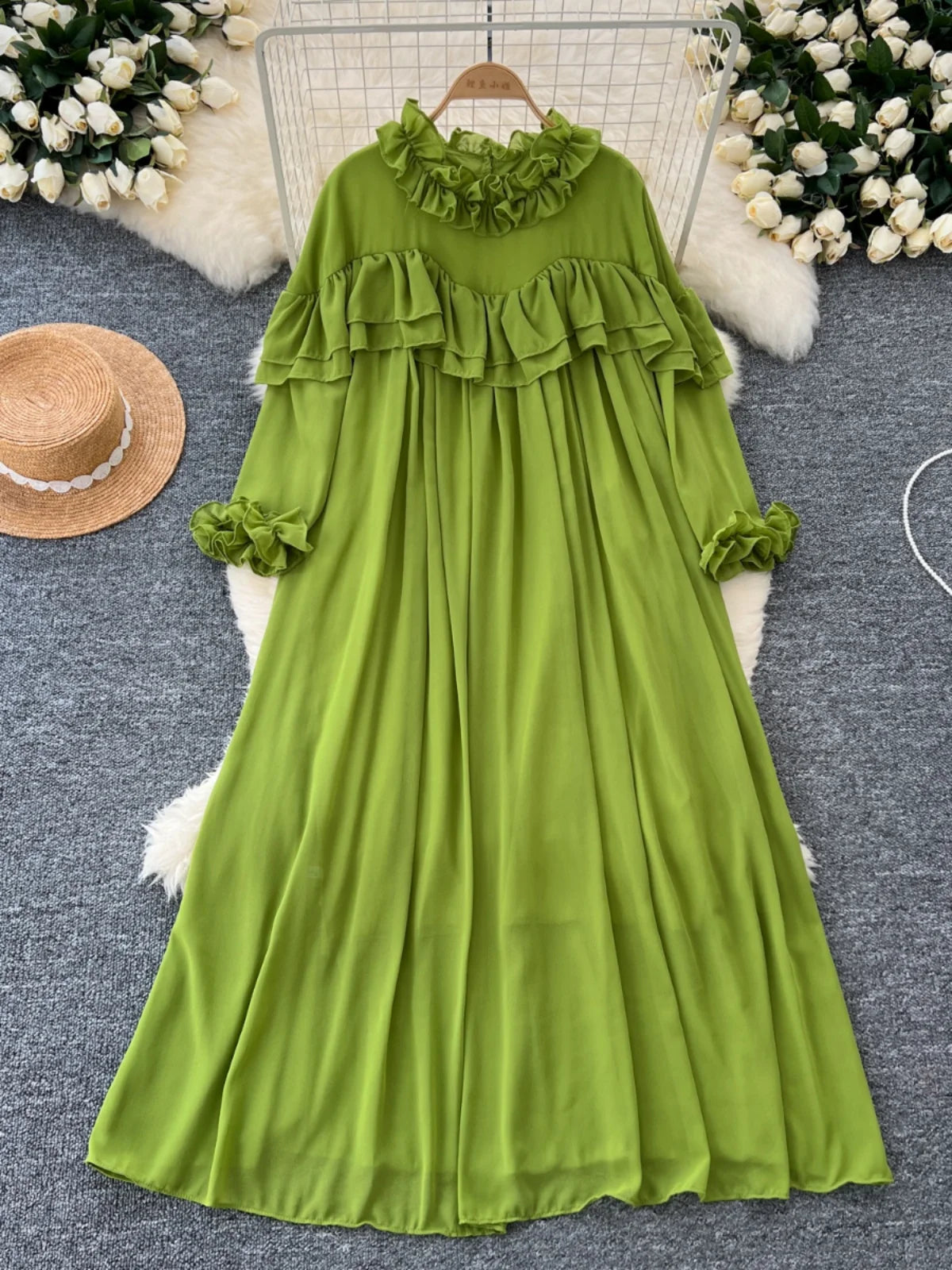 French 2024 Autumn New Solid Elegant Ruffle Edge Neck Long Sleeves Dress Women Vintage Loose Vacation Pleated Dress Popular Chic