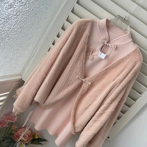 Load image into Gallery viewer, New Chinese Style 2024 Women's Autumn Winter Loose Cardigan Shawl Coat And Long Sleeved Knitted Short Dress Two Piece Set Trendy
