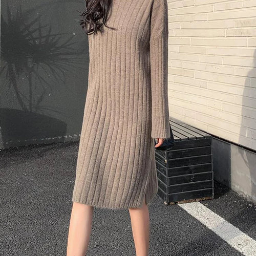 Load image into Gallery viewer, Casual Half Turtleneck Knitted Dress Split Loose Long Sleeve Sweater Dress Winter New Korean Fashion Women&#39;s Clothing
