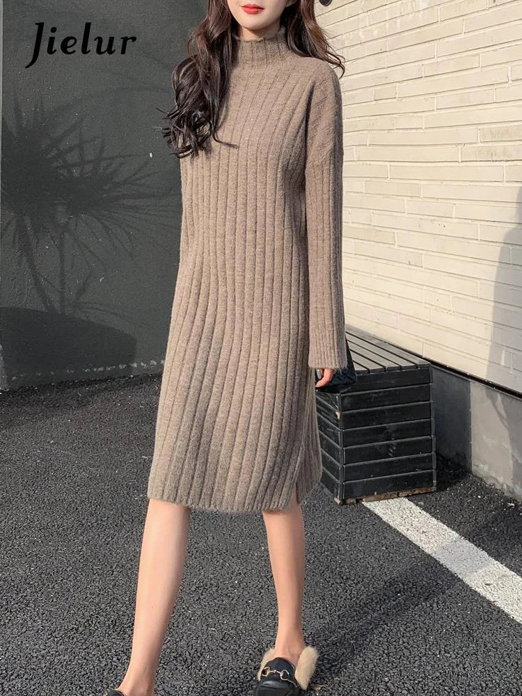 Casual Half Turtleneck Knitted Dress Split Loose Long Sleeve Sweater Dress Winter New Korean Fashion Women's Clothing